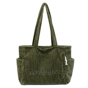 Olivgrüne Cord-Einkaufstasche mit TOTE BAG Stickerei und Seitentaschen im Retro-Stil