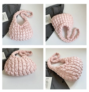 Detailed views of a pink puffer cloud bag featuring quilted texture and soft padded strap