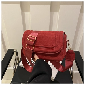 Detail of red saddle bag with matte finish, wide fabric strap and golden buckle