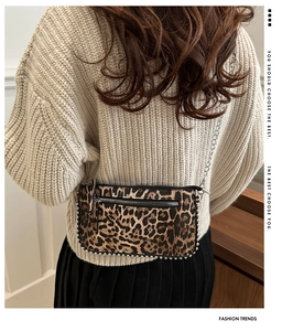Detailopname van luipaardprint crossbodytas met zilveren studs en kettingriem op model