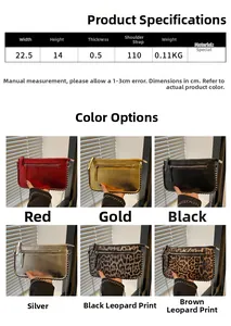 Size chart and detail view of leopard print crossbody bag with metal chain strap