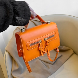Minimalistische orangefarbene PU-Leder-Handtasche mit Doppelreißverschluss und Tragegriff