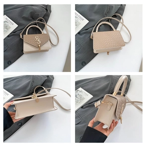 Detailed four-way view showing faux crocodile texture and metal fringe on the square bag
