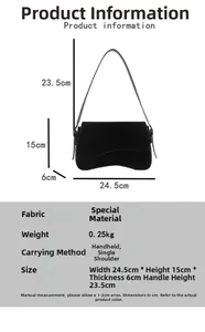 Detail view of black underarm bag with dimensions showing curved base and size 24.5cm width