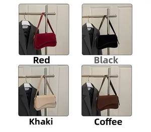 Collage of chic suede underarm bags in red, black, khaki, and brown colors