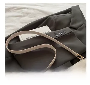 Detail of adjustable gold buckle on beige leather and suede shoulder strap for handbag