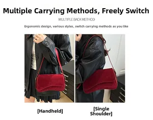 Detail of red suede saddle bag showing unique curved flap and slim shoulder strap