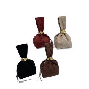 Chic velvet drawstring bucket handbags in four colors with gold metal rings for women