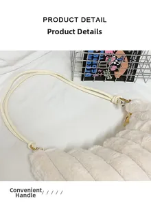 Détail du sac à main en fausse fourrure crème avec matelassage et fermeture éclair dorée