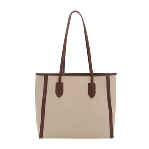 Retro-Shopper-Tasche aus beigem PU-Leder mit braunen Kontrastnähten und Henkeln
