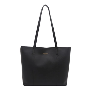 Minimalist black tote bag with gold lettering and double straps for stylish women