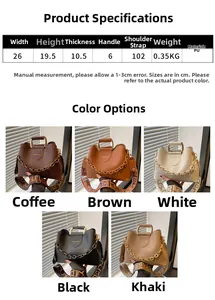 Size chart showing PU leather bucket bag dimensions 26x19x10cm with five color options