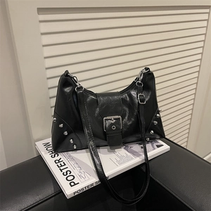 Large Capacity Rivet Retro Bag For Women Faux Leather Shoulder Crossbody Bag Casual Solid Color Hobo Bag Commuter Dumpling Bag