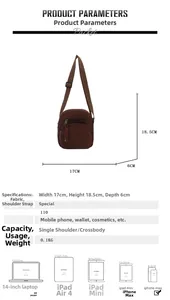 Brown corduroy crossbody bag size chart showing dimensions 17x18.5x6cm with capacity icons