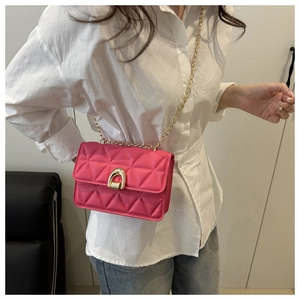 Detail of bright pink quilted chain bag featuring a gold horseshoe twist lock on white shirt