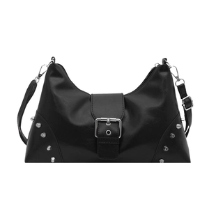 Large vintage rivet shoulder bag in black glossy leather with silver buckle detail