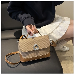 Détails du sac selle en paille tressée et cuir marron avec boucle fer à cheval argentée