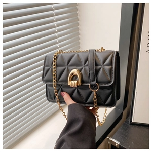 Close-up of quilted black crossbody bag featuring gold chain strap and metal arc lock