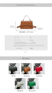 Detailed size specifications and color variants for the minimalist PU leather shoulder bag