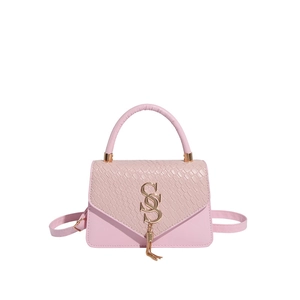 Pink croc-embossed leather crossbody bag with golden S-letter logo and tassel detail