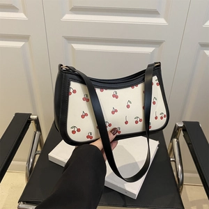 Women Cherry Print Underarm Bag Synthetic Leather Retro Sweet Shoulder Bag Contrast Trim Fashion Handbag For Summer Daily