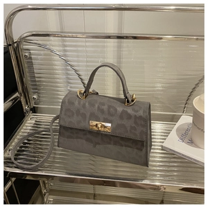 Close-up of grey leopard print handbag with golden metal lock and textured matte finish