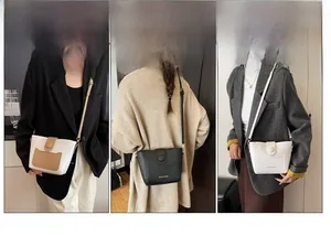 Three-grid view of women's bucket bags in white, brown, and black with adjustable straps