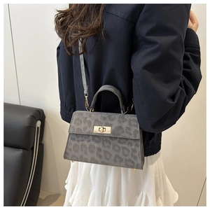Detail of grey leopard print crossbody bag with golden twist lock and textured finish