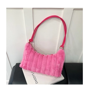 Chic pink plush corduroy shoulder bag with soft faux fur and slim leather straps