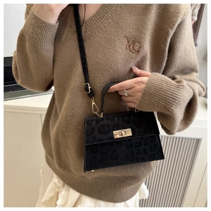 Detail of crossbody leopard print handbag with gold clasp on a model in sweater