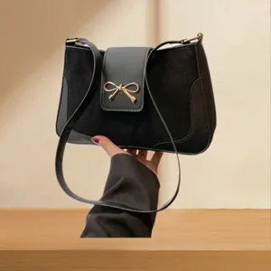 Vintage Bow Clasp Shoulder Bag Synthetic Leather Splicing Design Crossbody Bag For Women Chic Underarm Handbag For Daily Commute