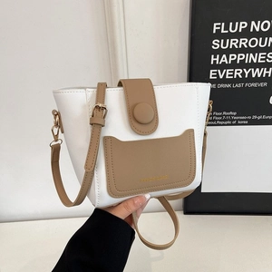 French style mini bucket bag in white and khaki PU leather with crossbody strap