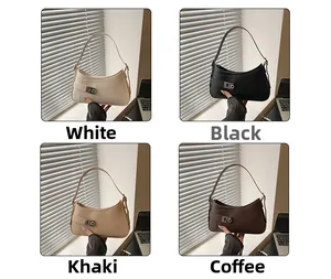 Collage of four minimalist leather shoulder bags in white, black, khaki and coffee colors