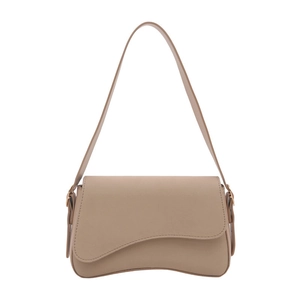 Minimalist light brown crossbody shoulder bag with unique asymmetrical curved base design