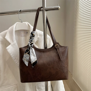 Large Capacity Women Tote Bag Synthetic Leather Shoulder Bag With Silk Scarf Contrast Stitching Vintage Commute Work Bag