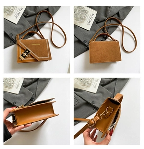 Detailed views of brown suede shoulder bag with wave stitching and metal lock buckle