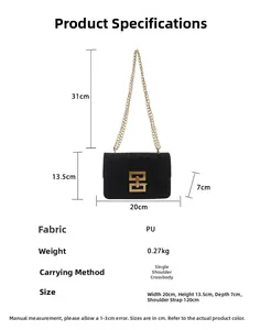 Size chart showing black leopard print PU leather bag with gold chain strap details