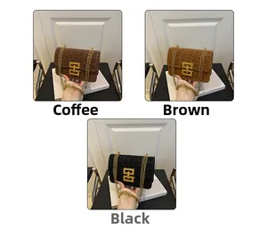 Detailed views of leopard print square bags in coffee, brown and black with gold chains