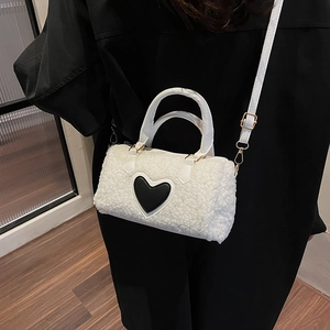 Women's Fashion Lamb Wool Heart Pattern Cylinder Shoulder Bag Sweet Faux Fur Small Crossbody Bag With Adjustable Strap