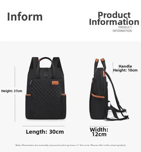 Détails du sac à dos business noir matelassé avec dimensions de 30x37x12cm