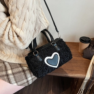 Fleece crossbody pillow bag with heart patch and leather handles for women