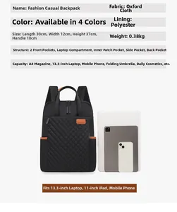 Tableau détaillé des tailles pour sac à dos en tissu Oxford avec dimensions et capacité