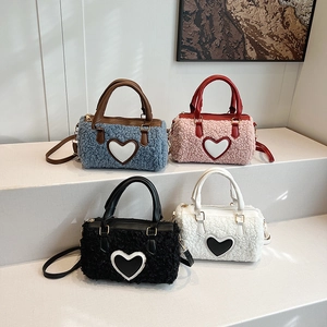 Chic faux shearling cylinder bags with heart leather patch in blue, pink, black and white