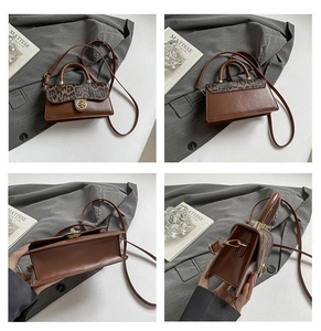 Detail view of small square bag with leopard print flap and golden metal clasp lock