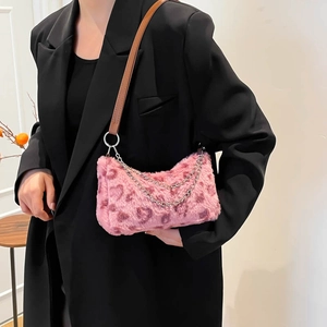 Chic pink leopard plush shoulder bag with silver chain and brown faux leather strap