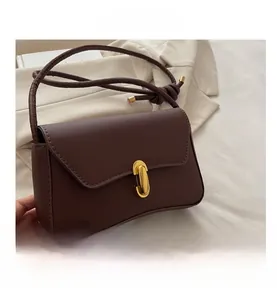 Detail of dark brown leather crossbody bag with elegant gold oval twist lock closure