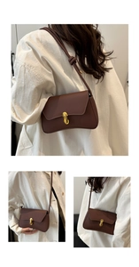 Three views of dark brown minimalist leather bag with gold buckle and knot strap detail
