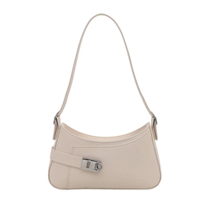 Minimalist beige shoulder bag with geometric silver buckle and sleek faux leather finish