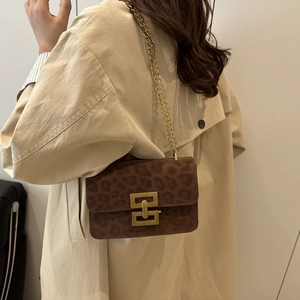 Vintage Women Leopard Print Small Square Shoulder Bag PU Leather Gold Chain Crossbody Bag Casual Fashion Handbag