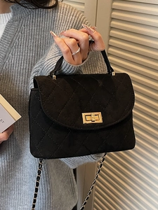 Vintage Quilted Velvet Shoulder Bag For Women Small Chain Crossbody Bag With Top Handle Gold Lock Urban Simple Commute Bag